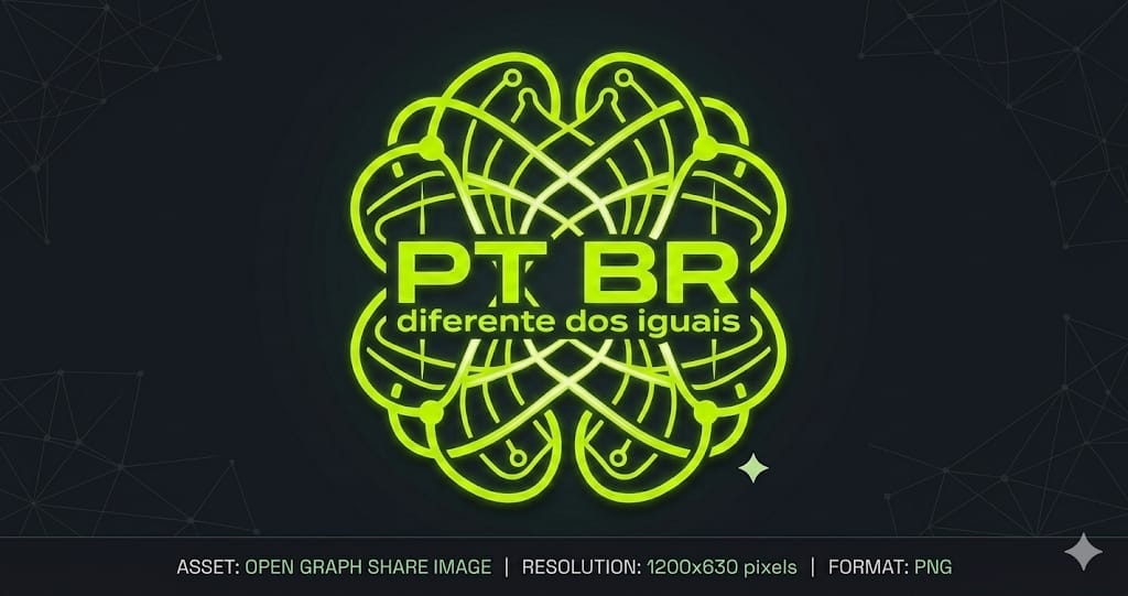 Logotipo em neon verde no centro de um fundo cinza-escuro. No meio do logotipo aparece o texto em letras grandes: “PT BR”. Logo abaixo, em letras menores, está escrito: “diferente dos iguais”. O desenho em volta do texto lembra um emblema com formas curvas entrelaçadas, semelhante a órbitas ou laços, com pequenos círculos em alguns pontos das linhas, tudo em verde brilhante com efeito de brilho.
